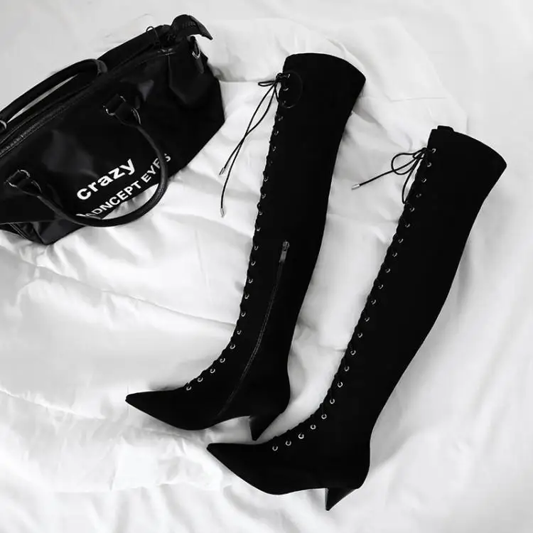 

Fashion Rome Front Cross Tied Thigh High Boots Women Black Suede Pointed Toe MIddle Spike Heel Ladies Booties Winter Shoes Woman