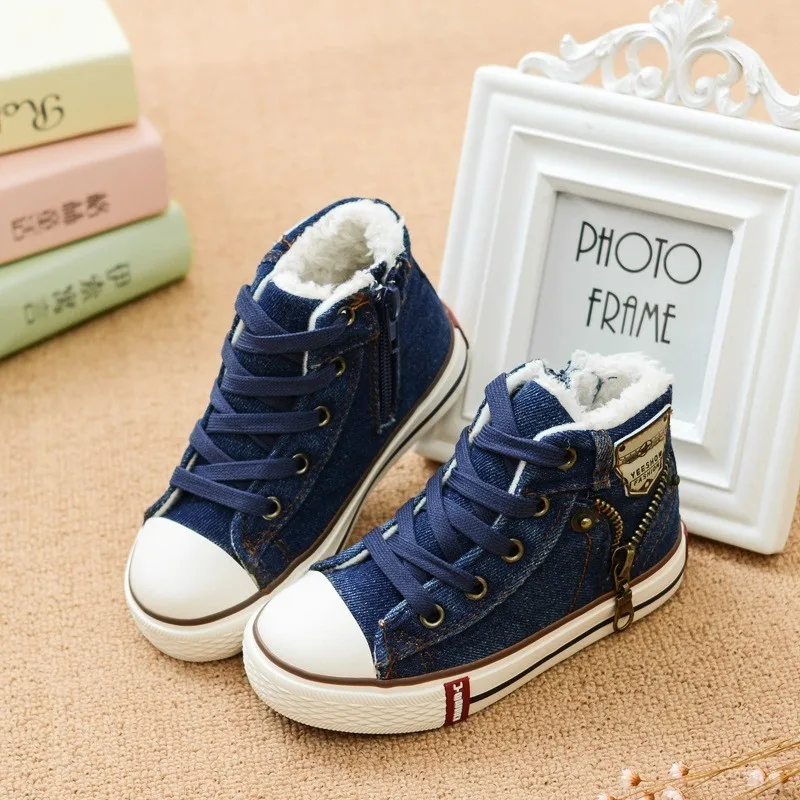 Winter Children Canvas Shoes Kids Sneakers Fashion Cotton-padded Boys Girls Denim Flats Side Zipper Plush Velvet Boots (14)