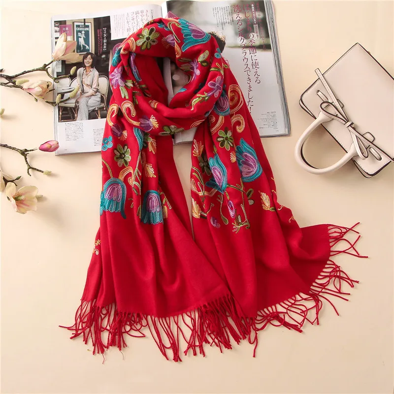 Хит, женский шарф с вышивкой, толстые теплые зимние шарфы для девушек, большой размер, кашемировый шарф Пашмина, шаль и обертывания - Цвет: red