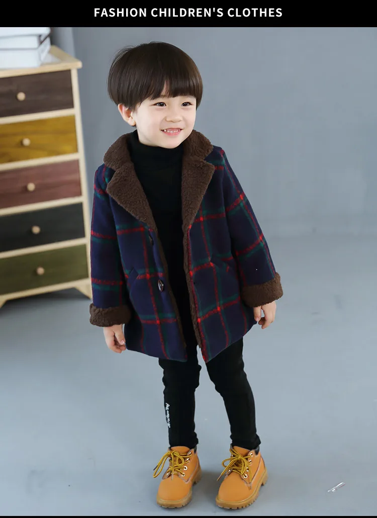 Шерстяные пальто для мальчиков; осенне-зимние куртки для маленьких мальчиков; Длинная стеганая теплая детская одежда в клетку; пальто; верхняя одежда