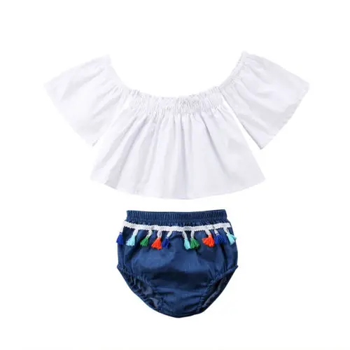 

2Pcs Set Summer New Toddler Newborn Baby Girls Off Shoulder White Tops+ Shorts Outfits Baby Girls Clothes Set