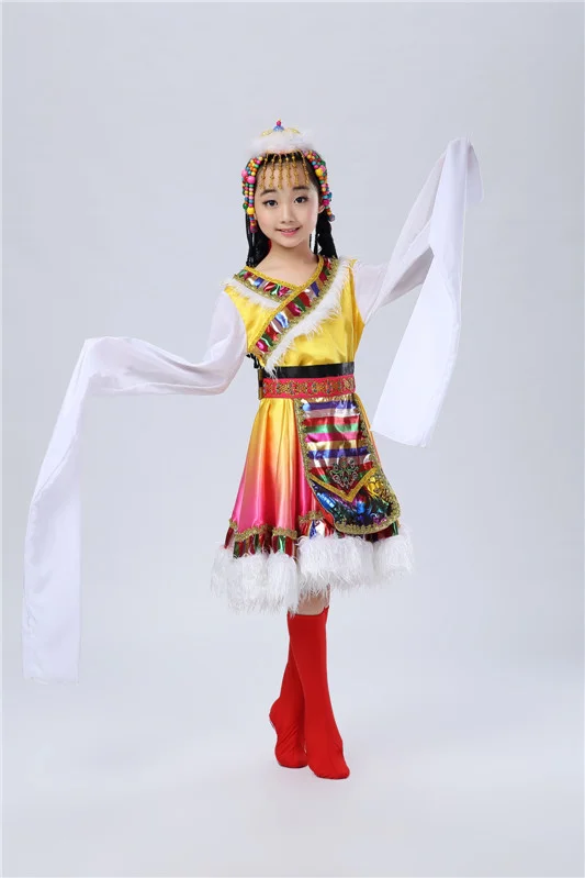 Специальное предложение танцевальные костюмы китайский Тибетский танец Костюмы рукава сценический костюм национальная Yangko для 110 см-175 см