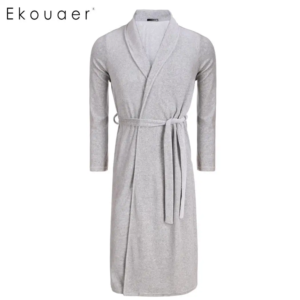 Ekouaer Для мужчин пижамы свободные халат кимоно халаты Мода Твердые длинным рукавом Пояс халат халаты Домашняя одежда осень-зима