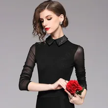 Европа Новинка Весна Женская мода Тонкий отложной воротник прозрачные черные офисные рубашки футболки женские большие размеры футболка Топы