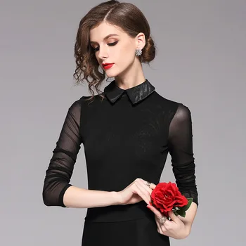 

Europe New 2018 Spring Women's Fashion Slim Turn Down Collar Transparent Black Office Shirts Tees Female Plus Size T Shirt Tops