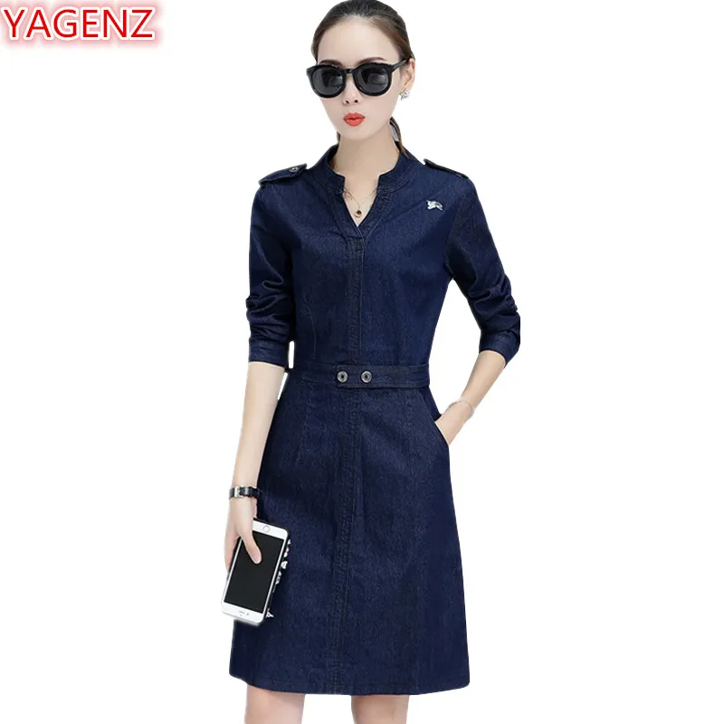 

YAGENZ Casual Dress Elegant Women Clothes Denim Dress Spring Autumn Tops For Women 2018 Ladies Dresses V-Neck Denim Dress 839