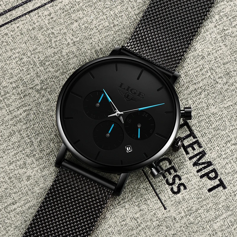 LIGE Fashion Mens Watches Top Brand Luxury Quartz Watch Men Slim Mesh Steel Waterproof Sport Chronograph Watch Relogio Masculino