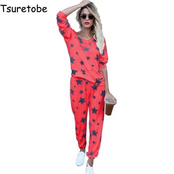 

Tsuretobe Loose Printed Casual Tracksuit Women New Autumn Bandage Elegant Two Piece Set Confortable Fashion Sweatshirt Tracksuit