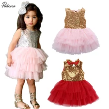 Очень милое летнее блестящее многослойное платье с цветком и блестками для маленьких девочек платье с открытой спиной для вечеринки, торжественное платье подружки невесты, повседневные платья