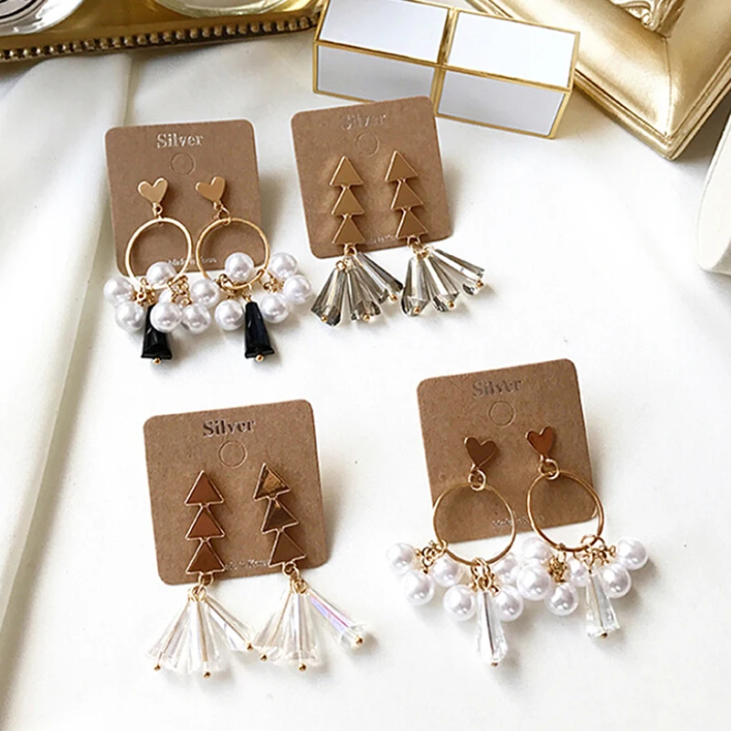 Crystal Pearl Pendant Triangle Earrings For Girls Fashion Drop Dangle Long Ear Studs Women Jewelry Gift New