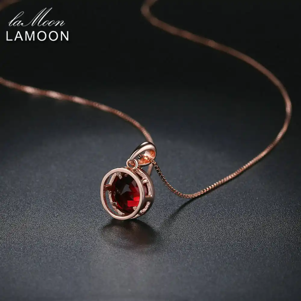 Natural Gemstone Garnet Pendant 925 Sterling Silver 18K Rose Gold Chain Necklace
