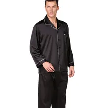 Весенняя Новинка, Мужская черная ночная рубашка из искусственного шелка, Пижамный костюм, свободный однотонный атласный комплект из 2 предметов, рубашка и штаны, повседневный мужской пижамный комплект, мягкая домашняя одежда