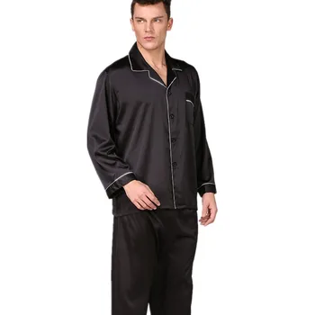 

Spring New Men Black Faux Silk Nightwear Pyjamas Suit Loose Solid Satin 2PCS Shirt&Pants Casual Male Pajamas Set Soft Home Wear