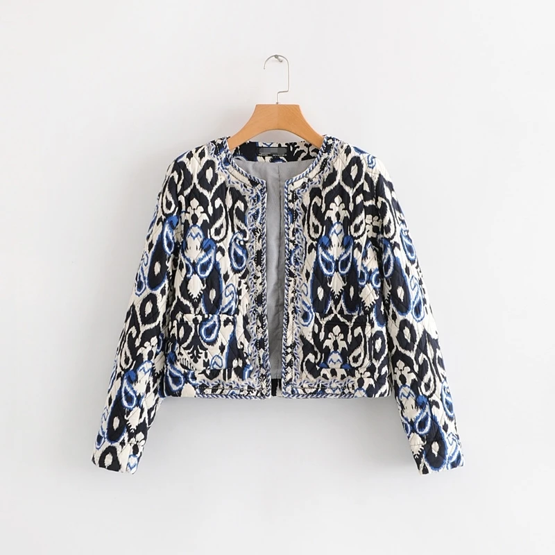 

Women Vintage Printed Quilted Padded Jacket Female Long Sleeve O Neck Cardigan Short Jackets Open Stitch Tops Casaco Feminine
