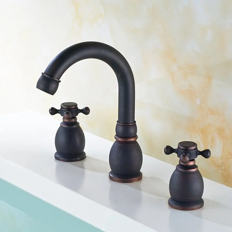 

Black copper faucet European antique three cold and hot basin faucet bathroom washbasin faucet