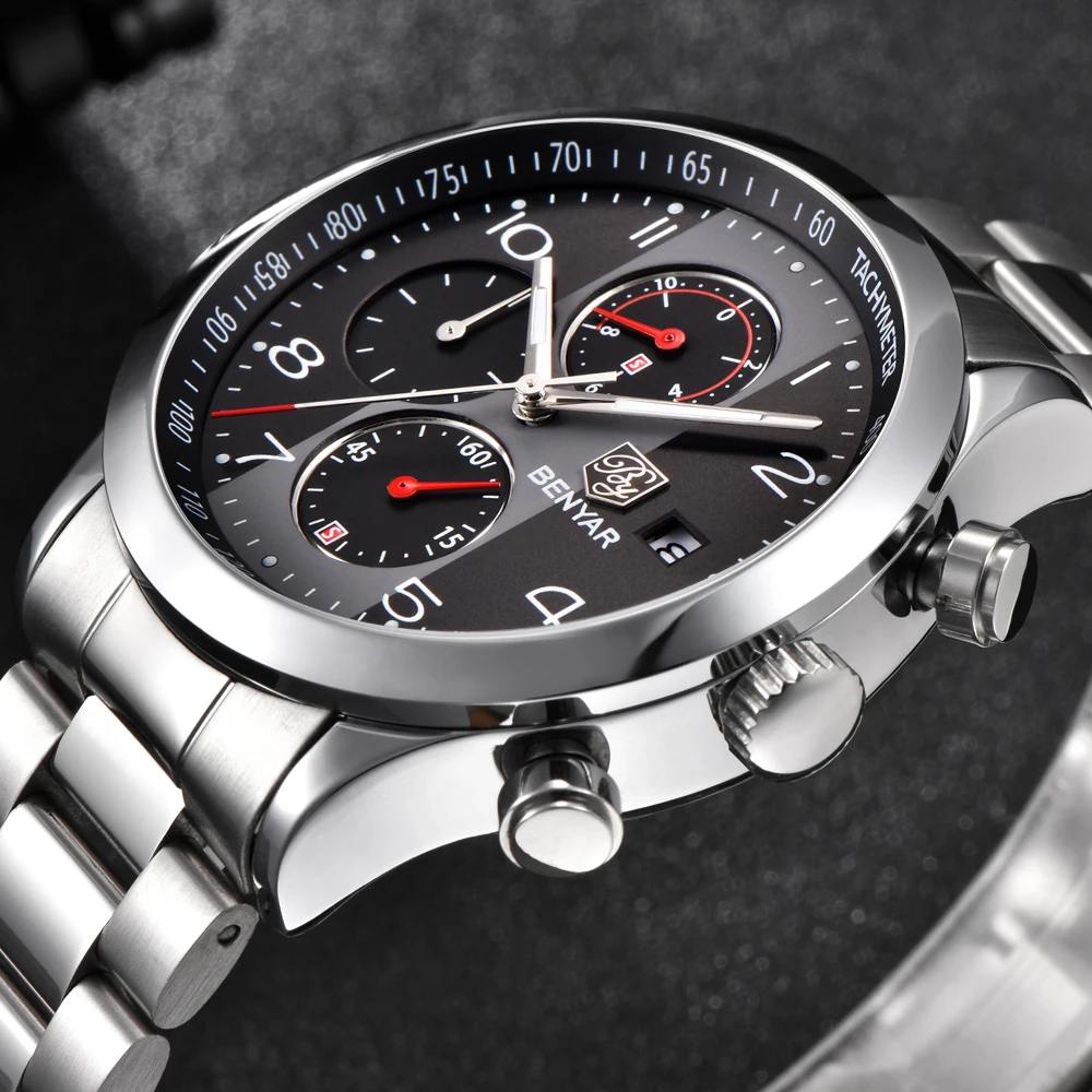 Топ люксовый бренд мужские спортивные часы кварцевый хронограф Бизнес водонепроницаемые часы Мужские часы Relogio Masculino BENYAR
