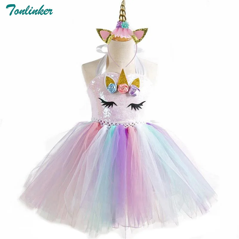 Girls Unicorn Pony Costume With Headband Tutu Dress Flower Sequin Princess Girls Party Dress Children Kids Unicorn Costumes New 