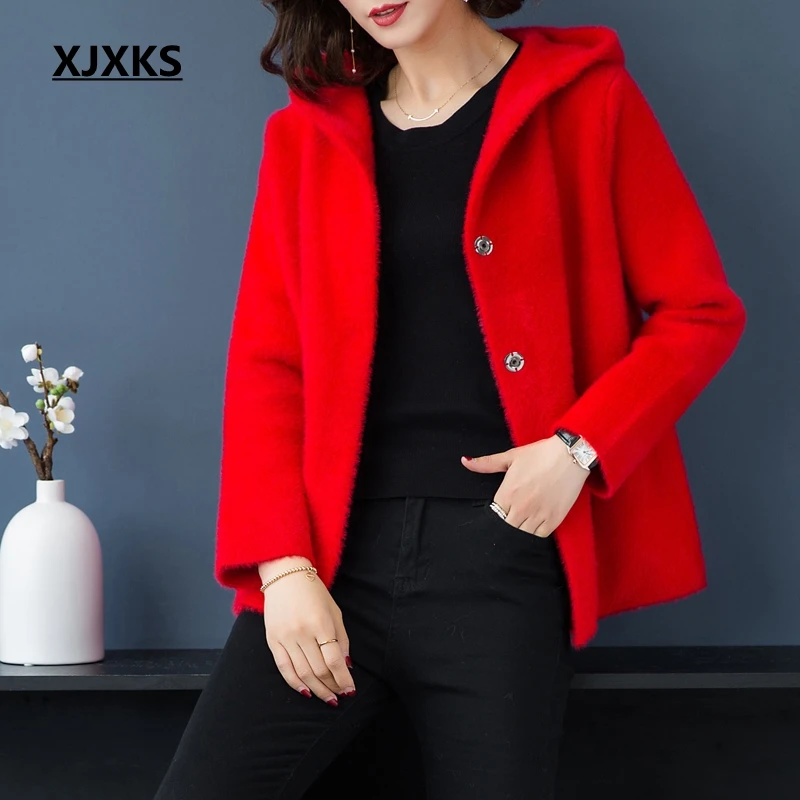 

XJXKS Winter Coat Women 2019 Fashion Cashmere Cardigan Women Long Sleeve Hooded Furry Sweater Women Sweater Coats