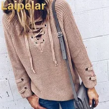 Lace Up Bandage Knitted Sweater Autumn Winter Women 2018 Top Fashion New V Neck Solid Pullover Sexy Casual Loose Sweater Clothes autumn winter women pullover sweater sexy deep v neck black color sweater dresses hollow lace up short knitted dress for ladies