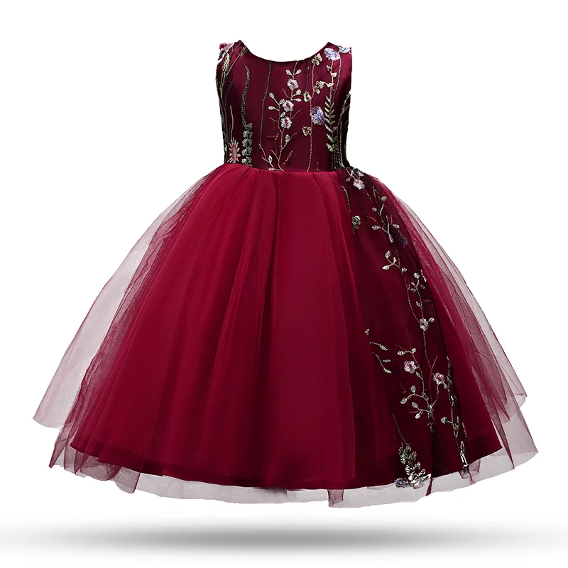 

4-15Yrs Girl Wedding Dress Birthday Evening Prom Cloth Party Dress Tulle Baby Flower Mesh Petal Fluffy Wine Red Ball Gown