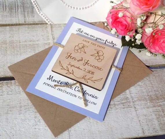 

custom Floral rustic Wedding Announcement invitation cards with wood Save the Date Magnets bridal shower party favors gifts