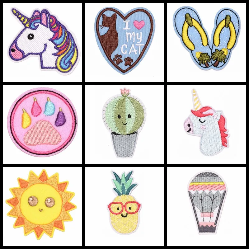 

Summer slippers Embroidery Unicorn Hot Air Balloon Patches Ironing On Cat Animal Appliques for Cloth Clothes DIY sunlight Patch