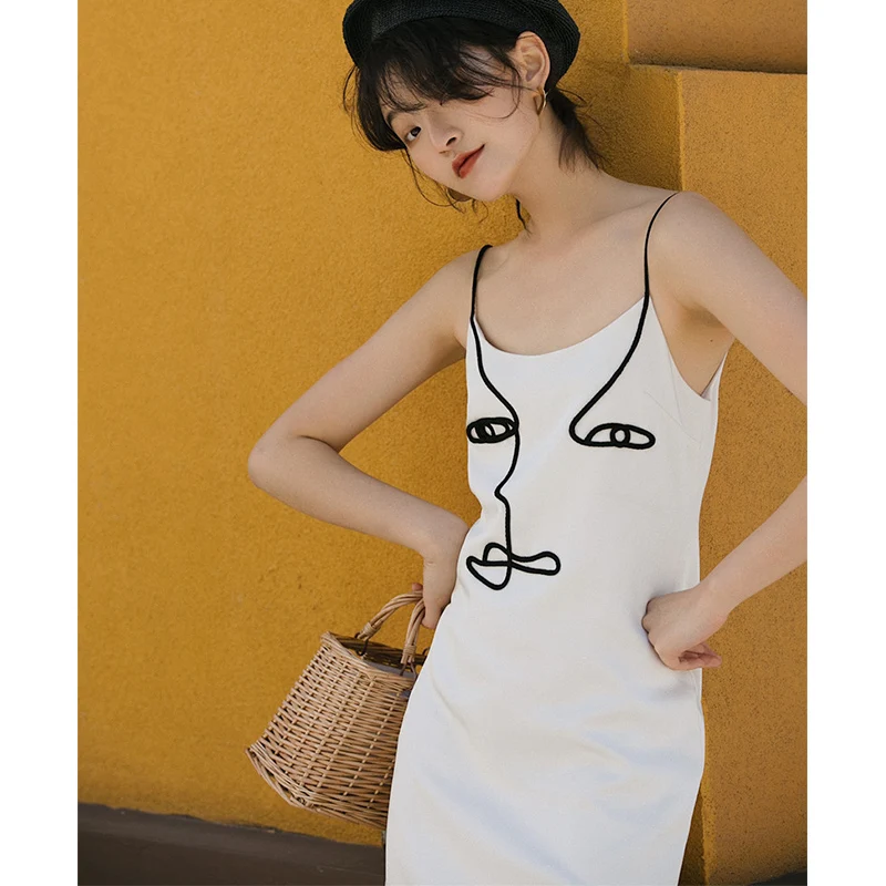 Preise CHEERART Designer Spaghetti Strap Kleid Abstrakte Kunst Mini Kleid Frauen Sommer Casual Strappy Kleid 2019 Kleidung