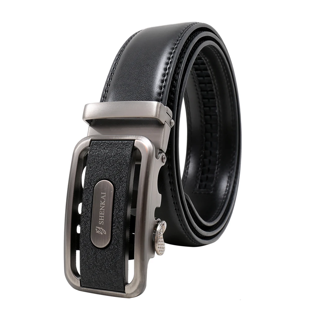 Retro Men's Genuine Leather Ratchet Dress Belt with Automatic Hollow