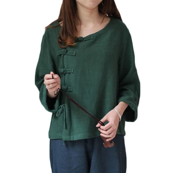 

2019 Spring Autumn Women Blusas Short Design Vintage Plate ButtonsThree Quarter Sleeve Personality Linen Shirt Pull-Up Hem Top