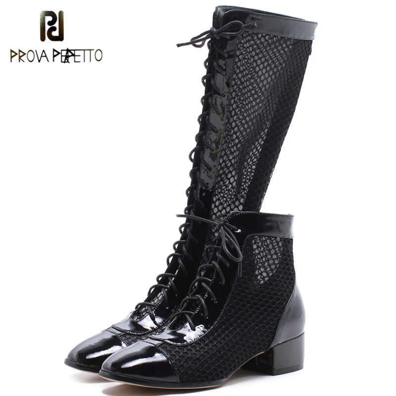 Prova Perfetto Cow Leather Mesh Heels Women Boots Short and Long Lace Up Boots Chunky Hollow Out Women Shoes Top Chic 2018 Boots