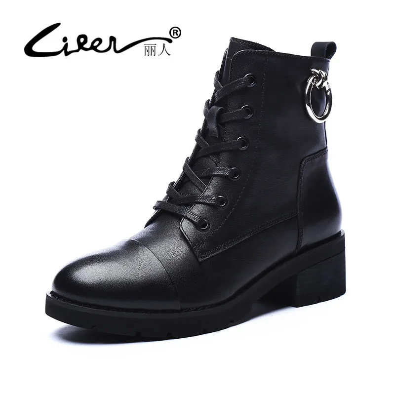 

LIREN 2018 Autumn Shoes Women Ankle Boots Genuine Leather Lace Up Cowhide Martin Boots Solid Flat with Shoes Size 34-39