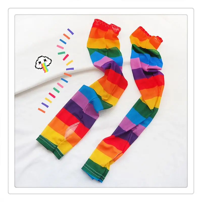 

Rainbow Striped Summer Ice Silk Arm Sleeves Cover Harajuku Sun Protection Cooling Cycling Driving Gloves