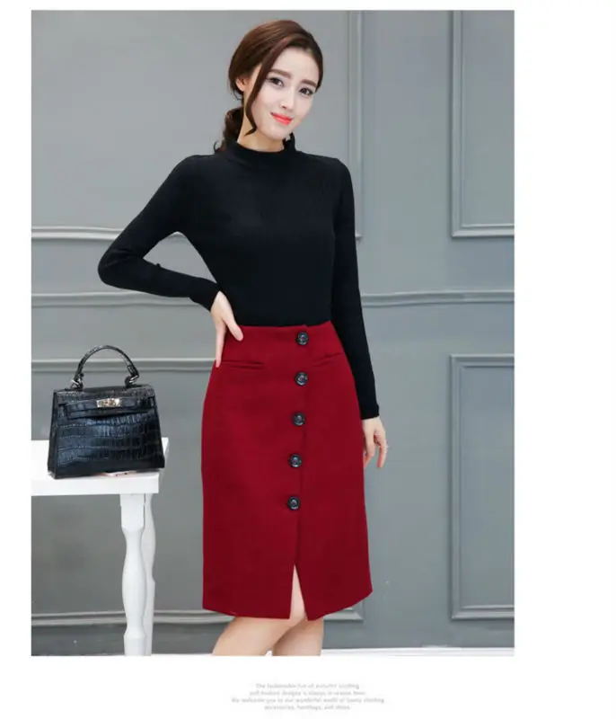 Бесплатная доставка; Модель 2016 года осень-зима Для женщин Высокая талия по колено юбка-карандаш женский шерстяной Однобортный Миди-юбки