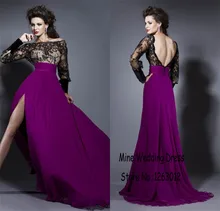 Sexy boot-ausschnitt lange spitze sleeves backless Lila Und Schwarz abendkleid charming high side slit abendkleid vestido de renda