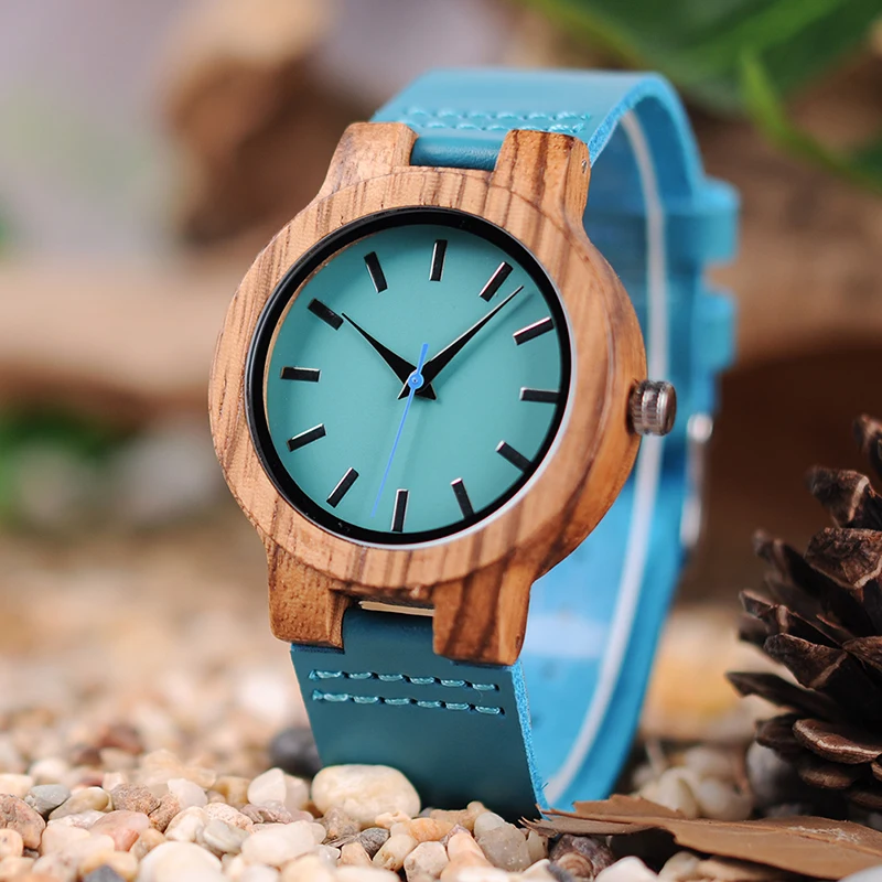 Zebrawood BOBO BIRD Couples Watch Blue Leather Belt Crafted Japan Movement Watches Men