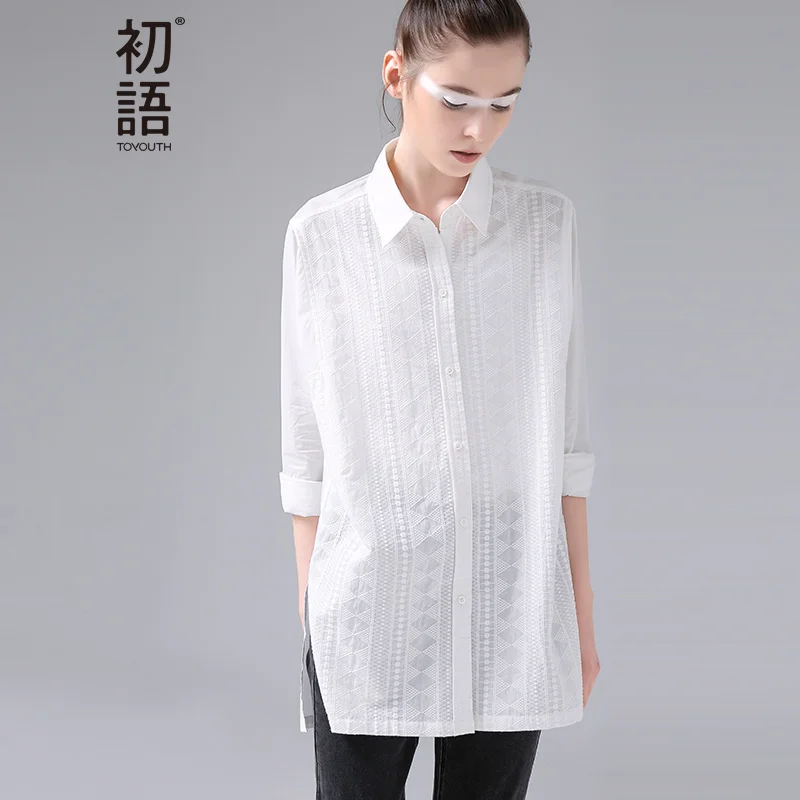 Vente Toyouth Blanc Blouse Femmes Chic Style Géométrique Jacquard Chemises Mode Creux Out Manches Longues Automne Longues Blouses Split Blusa