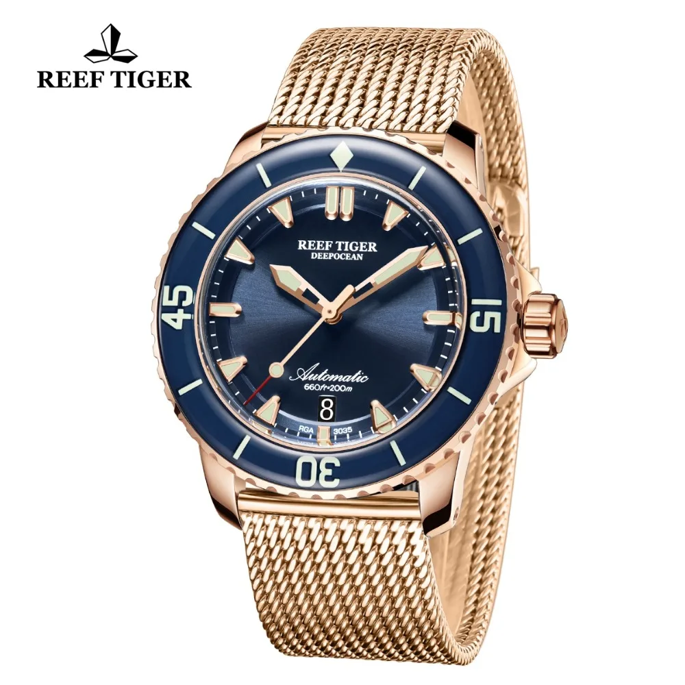 Reef Tiger/RT Роскошные брендовые автоматические часы мужские Супер Светящиеся мужские золотые часы для дайвинга водонепроницаемые 200 м Montre Homme RGA3035