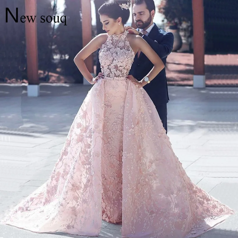

Arabic Evening Gown Pink Two Pieces Prom Dresses With Detachable Train 2019 Flower Special Fabric Wedding Party Dress Vestidos