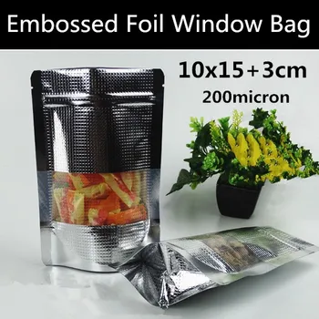 

New Style 100pcs 10x15+3cm 200micron Silver Embrossed Aluminum Foil Window Zip Lock Bag Food Display Window Bag