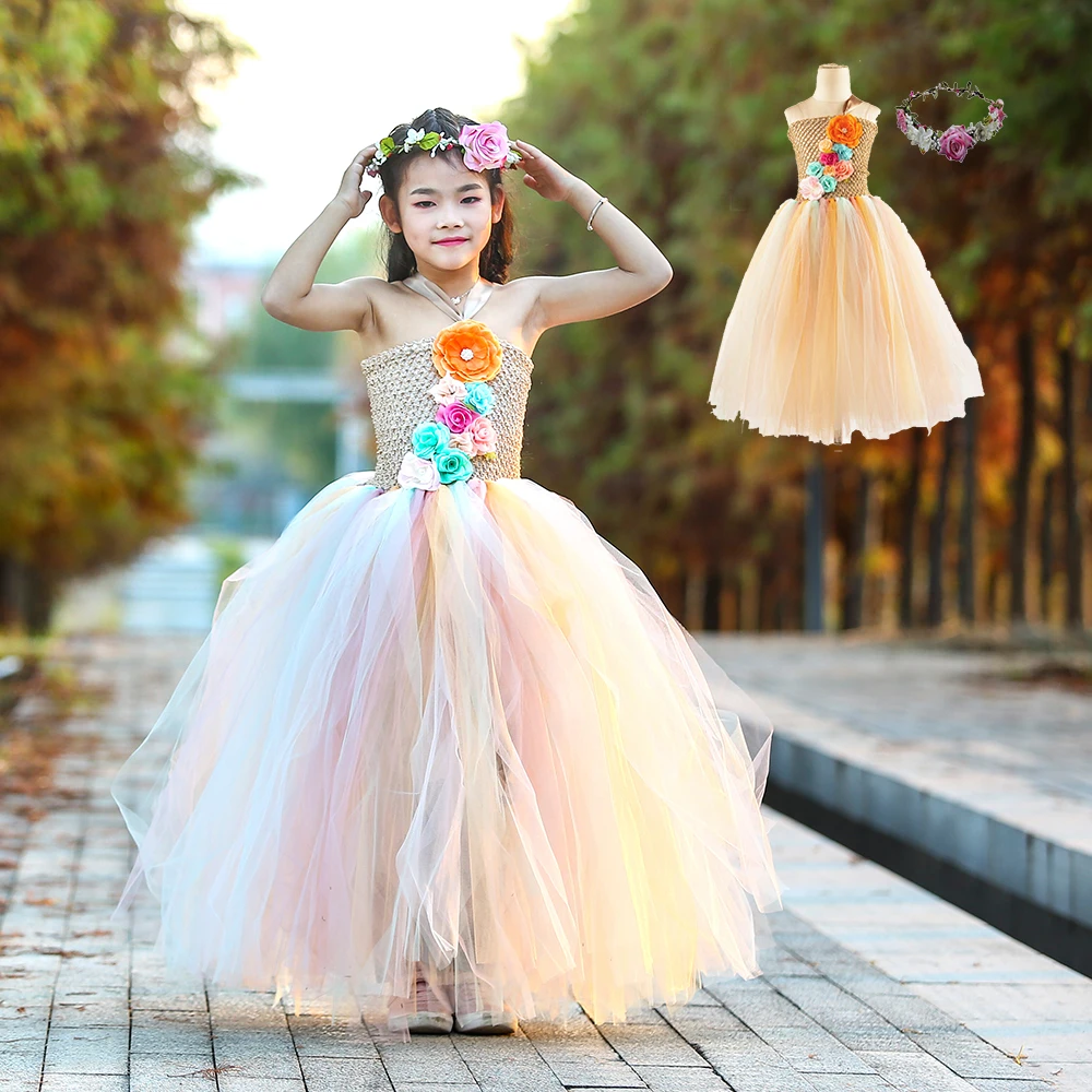 

Flower Solid Gold Dress Girl Baby Clothing Sleeveless Summer Dress for Children Flower Girls Dress Party Tutu Dress with Wreath
