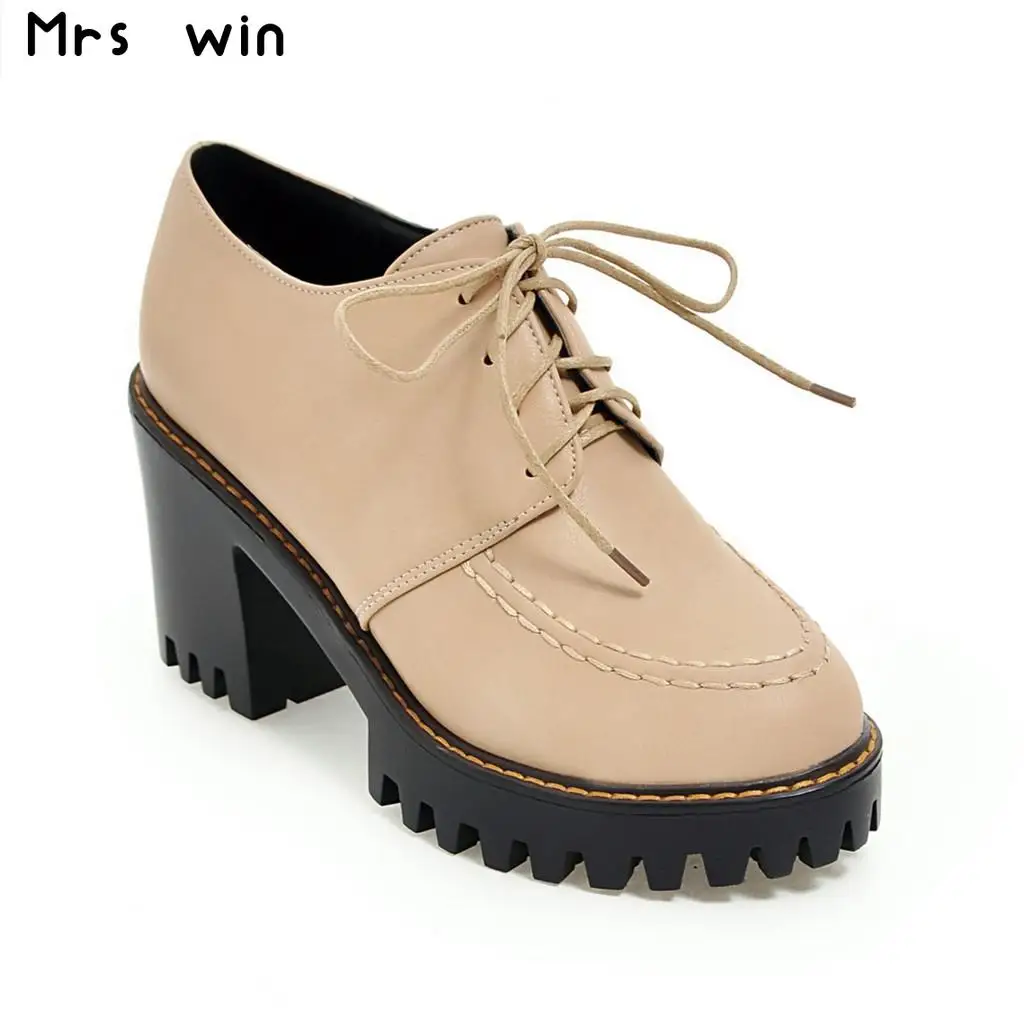 

New fashion slip on lace up women pumps high quality thick high heels platform shoes woman large size 34-43
