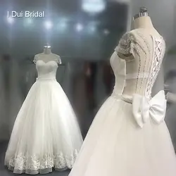 В наличии бантом свадебное платье line Sheer Вернуться Кристалл бисера