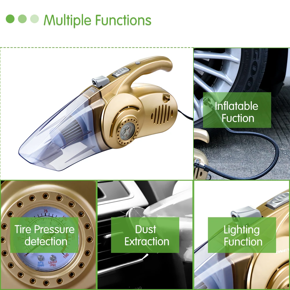ONEVER 4 в 1 влажный/сухой Портативный автомобиля Пылесосы для автомобиля 12 В 120 Вт шин Надувное шин Давление датчик и свет шин надувной насос
