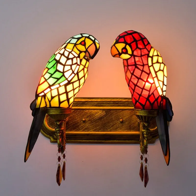 Stained Glass Double Parrots Wall Lamp Lighting Fixture modern Style