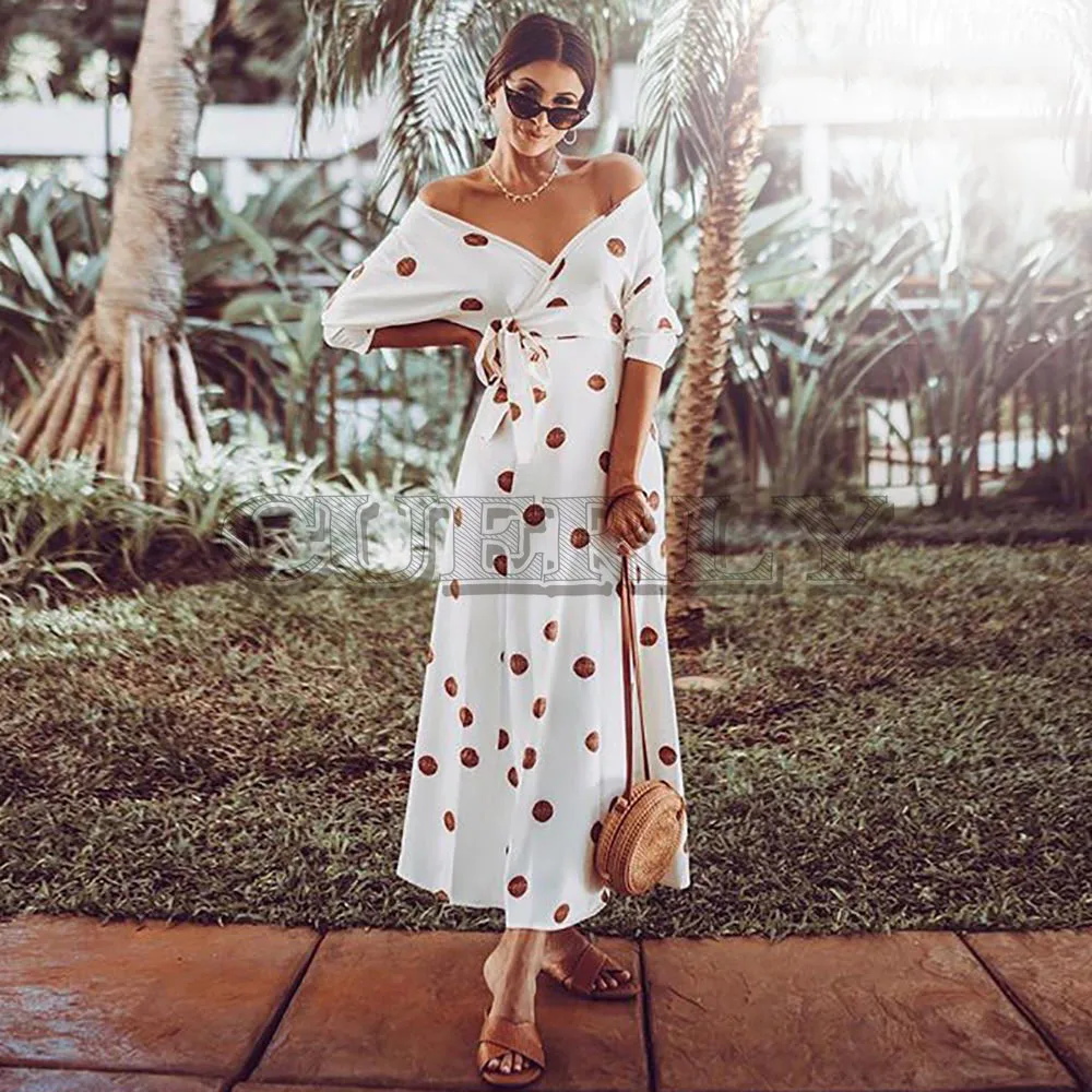 

CUERLY Polka Dot Boho Maxi Long Dress Bohemian Sexy V Neck Off Shoulder Sashes Ankle-Length Female Dresses Summer Women Vestido
