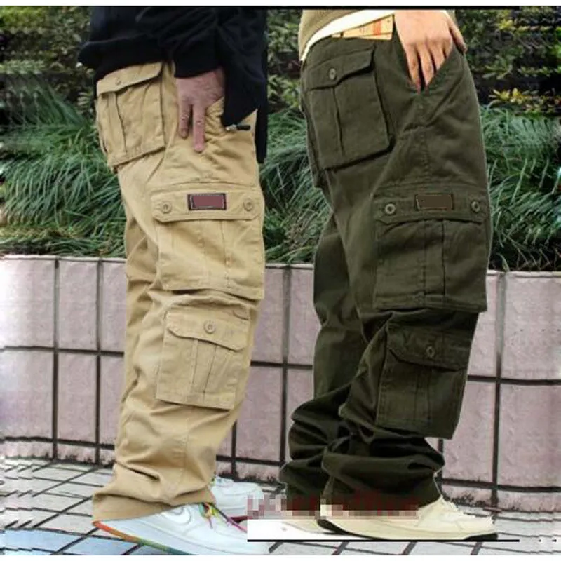  New Casual Big Pockets Cargo Pants Men Cotton Joggers Loose Baggy Hip Hop Pants black khaki and Arm