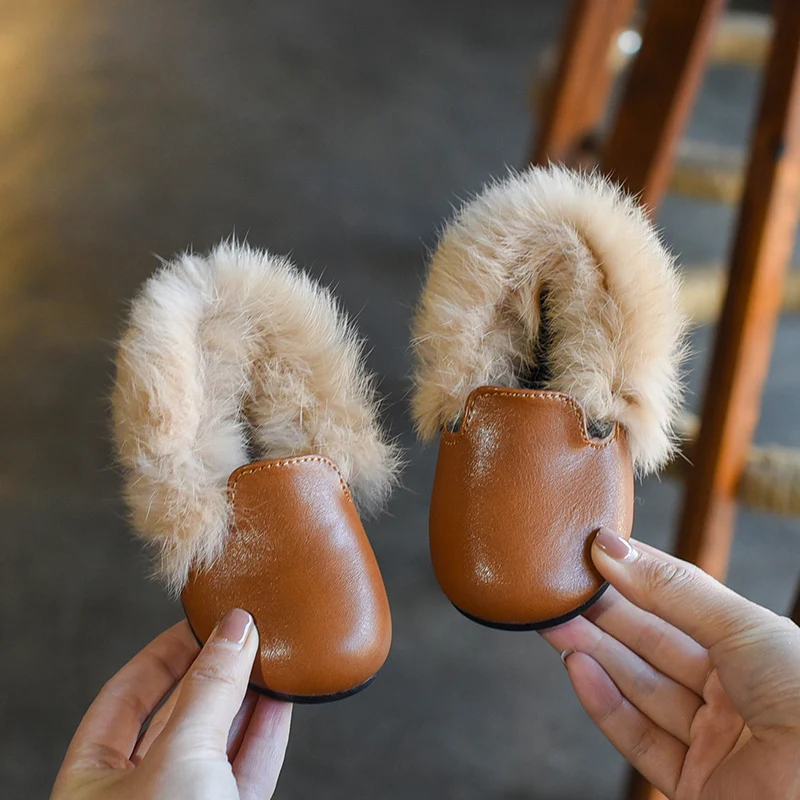 Winter Baby Girls Fashion Fur Shoes Toddlers Brand Warm Loafer Princess Black Leather Flat Shoes