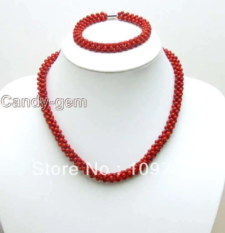 

free shipping>>> Jewelry 00245 Long 18" Hand-knitted Genuin Red coral necklace and 8" bracelet sets hot