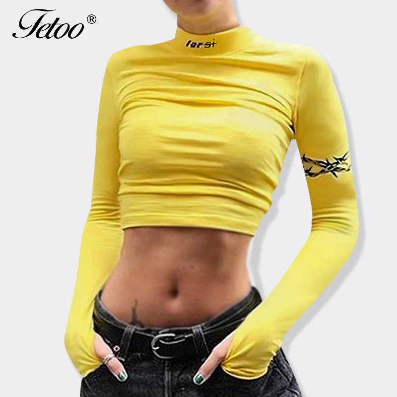 Fetoo Letter Print Crop Top Women 2018 Female Autumn Turtleneck...
