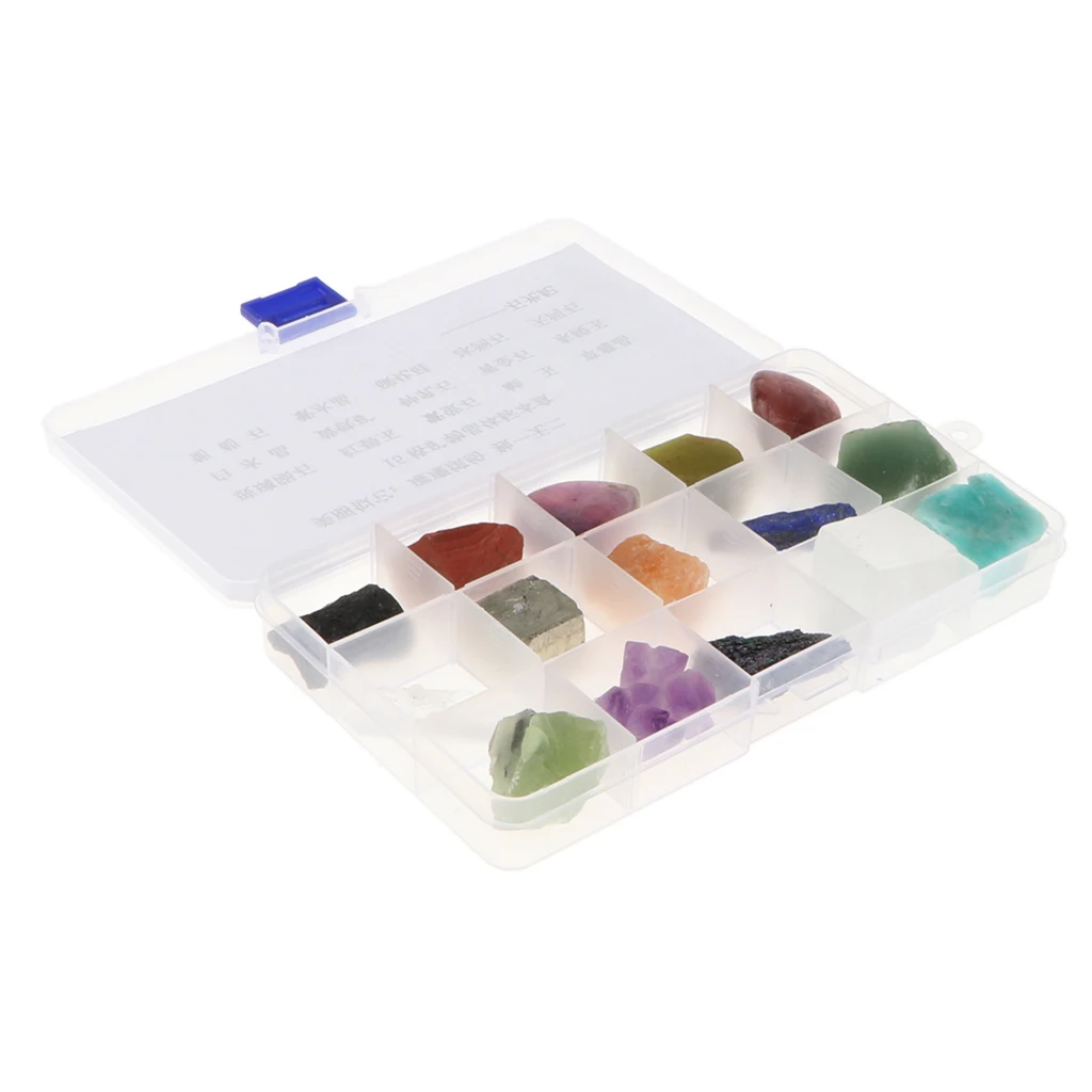 15pcs/ Box Educational Geology Science Kit Rock and Mineral Collection Gemstones Quartz / Jade Tektite Specimens in Display Case